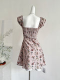 Charming Pink Floral Square Neck Puff Sleeve Mini Dress