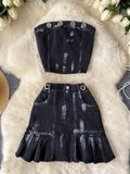 Edgy Denim Bustier and Ruffled Skirt Set