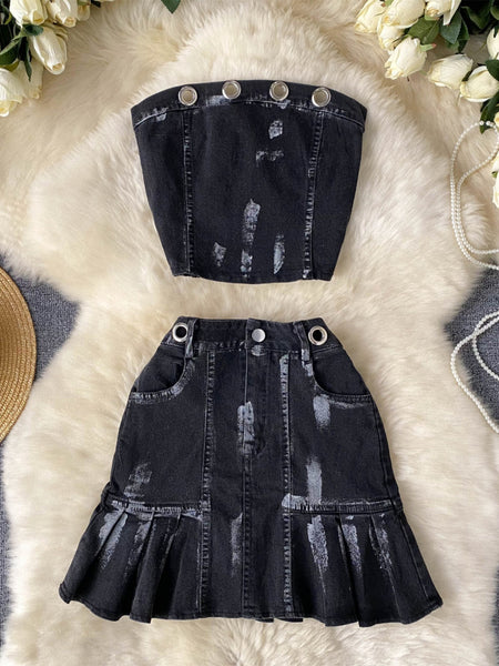 Edgy Denim Bustier and Ruffled Skirt Set