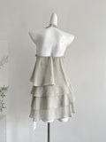 Flower Embellishment Beige Halter Neck Tiered Mini Dress