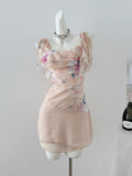 Ruffled Straps Sheer Floral Print Dress
