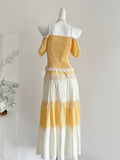 Lace Fringe Off Shoulder Yellow White Maxi Dress
