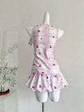 Pink Cherry Embroidery One Shoulder Mini Dress