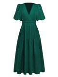 Vintage Charm Emerald Puff Sleeve Dress