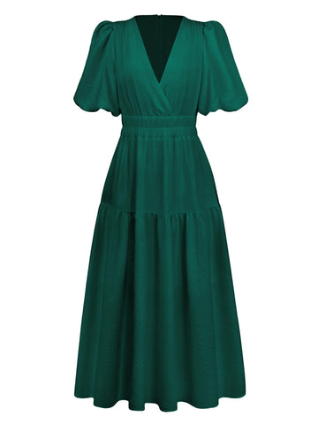 Vintage Charm Emerald Puff Sleeve Dress