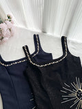 Celestial Embroidery Square Black Mini Dress