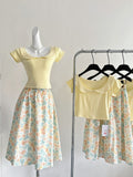 Yellow Short Sleeved Crop Top & Floral Midi Skirt Set