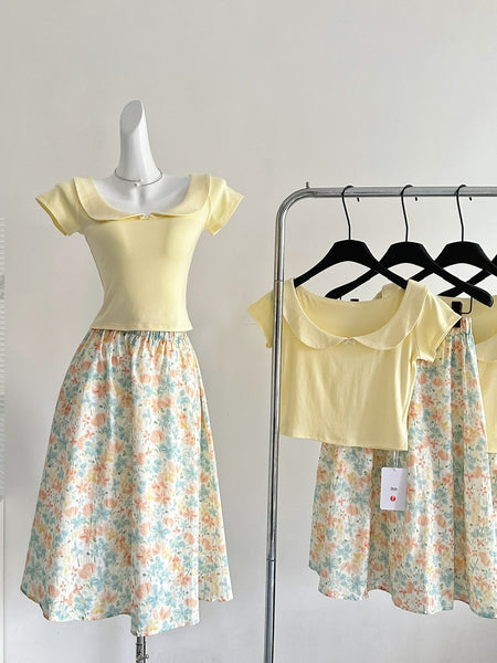 Yellow Short Sleeved Crop Top & Floral Midi Skirt Set