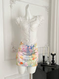 White Puff Sleeve Crop Top & Floral Mini Skirt Set
