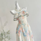 Pastel Floral Print Ruffled Trim Strapless Maxi Dress