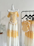 Lace Fringe Off Shoulder Yellow White Maxi Dress