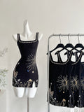 Celestial Embroidery Square Black Mini Dress