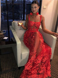 Red Lace Flowers Maxi Prom Dress