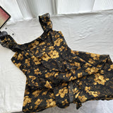 Asymmetric Ruffle Black Floral Midi Dress