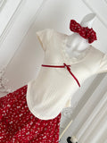 Cute White & Red Floral Print Outfit Set
