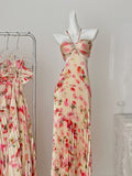 Halter Neck Floral Print Pleated Maxi Dress