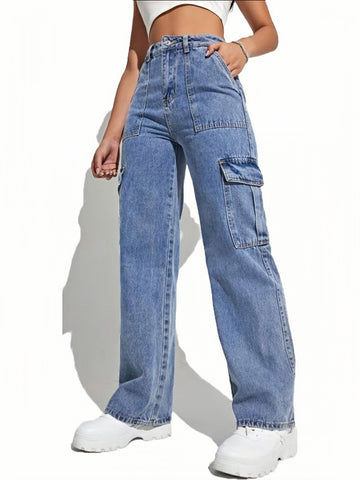 High Waist Jeans Flap Pocket Wide Leg Denim Pants