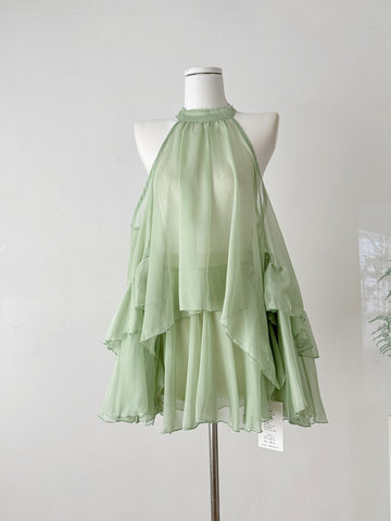 Layered Ruffle Hem Light Green Halter Chiffon Dress
