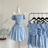 Puff Sleeves Off Shoulder Blue Mini Dress