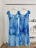 Puff Sleeves Embroidered Celestial Motifs Blue Midi Dress