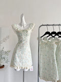 Lace Dainty Light Green Floral Mini Dress