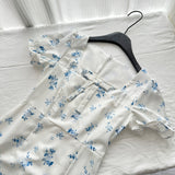 Blue Floral Print Puff Sleeves White Midi Dress