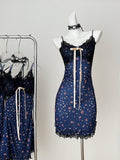 Floral Print Seductive Navy Blue Mini Dress