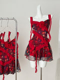 Ruffled Straps Asymmetric Maroon Floral Mini Dress