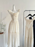 Elegant Polka Dot Square Neck Tiered Midi Dress