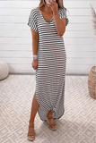 striped short-sleeved V-neck side split hip dress