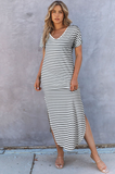 striped short-sleeved V-neck side split hip dress
