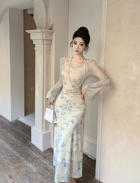 Ethereal Floral Sheer Sleeve Maxi Dress