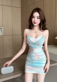 Elegant V - neck Pastel Tie - Dye Bodycon Dress for Party