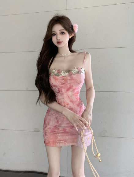Adorable Spaghetti Strap Pink Tie - Dye Floral Embroidered Mini Dress