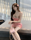 Adorable Spaghetti Strap Pink Tie - Dye Floral Embroidered Mini Dress