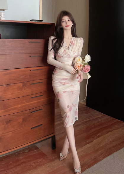 Elegant Long - Sleeve Floral Print Wrap Midi Bodycon Dress