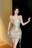 Glamorous One - shoulder Metallic Dress with Bow and Drawstring Detail