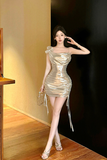 Glamorous One - shoulder Metallic Dress with Bow and Drawstring Detail