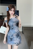 Stylish Blue Floral Dress with Off - shoulder Design and Slim Fit