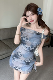 Stylish Blue Floral Dress with Off - shoulder Design and Slim Fit