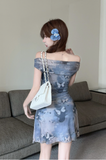 Stylish Blue Floral Dress with Off - shoulder Design and Slim Fit