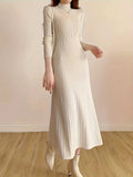 Causal Ribbed Mock Neck Long Sleeve Midi Dress