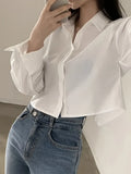 Long Sleeve Split Crop Button Front Simple Shirt