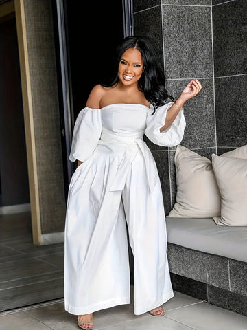 Puff Sleeve Wide Leg White Off The Shoulder Jumpsuit