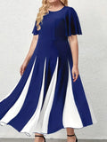 Blue  Flutter Sleeve Round Neck Contrast Color A-line Dress
