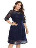 Blue Plus Size Semi Sheer 3/4 Sleeve Midi Dress