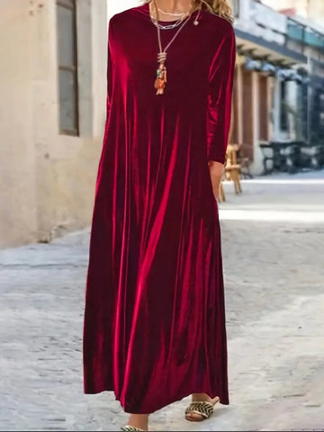 Plus Velvet Burgundy Long Sleeve Round Neck Loose Maxi Dress