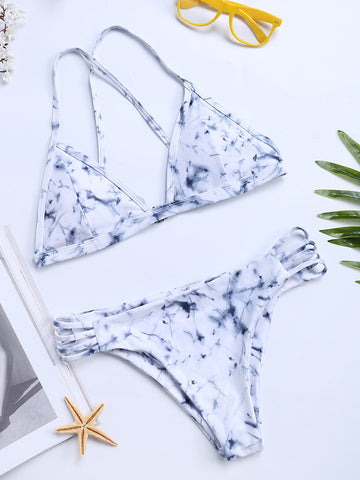Criss Cross Backless Soft Halter Marble Printing Bikinis Swimsuits