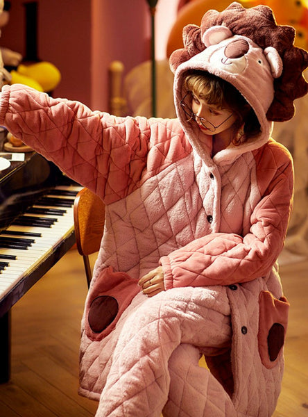 PINK LION THREE-LAYER THICKENED WARM CORAL FLEECE TWO-PIECE SUIT