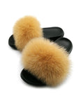 KHAKI FASHION WOMEN FOX FUR REAL FUR SLIPPERS